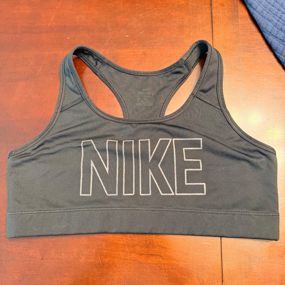 Nike Dri-FIT Womens L Black Racerback Sports Bra Medium Support Logo Activewear